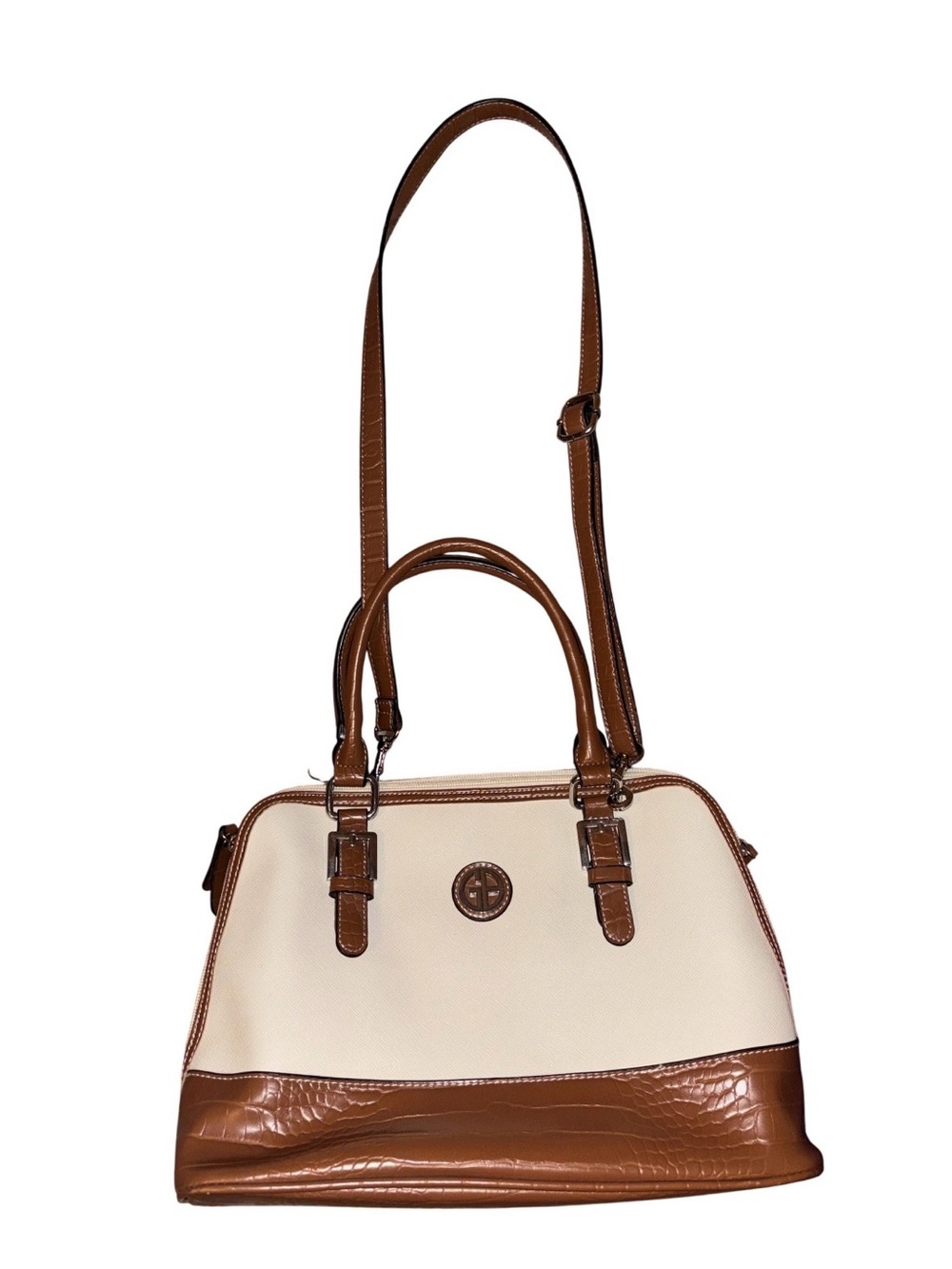 Giani Bernini Cream and Brown Satchel with Croc-Embossed Trim